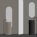 Modern Bathroom With Beige Gray Cylindrical Washbasins Black Faucets Oval Mirrors Vertical Striped Glass Partitions