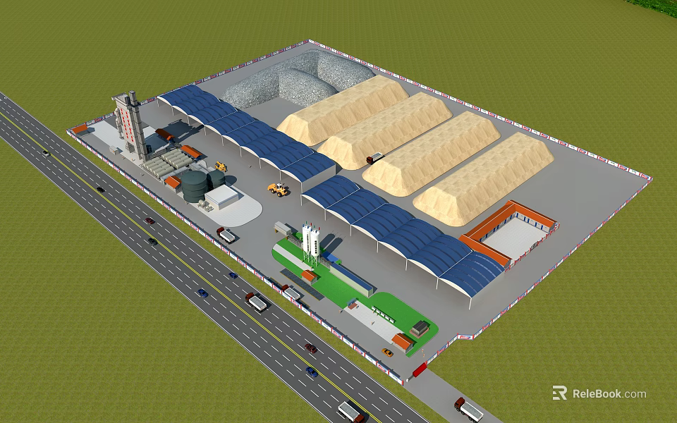 Industrial Factory Layout With Multiple Warehouses Blue Roofs Access Roads And Vehicles 3d model 