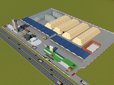 Industrial Factory Layout With Multiple Warehouses Blue Roofs Access Roads And Vehicles 3d model