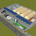 Industrial Factory Layout With Multiple Warehouses Blue Roofs Access Roads And Vehicles