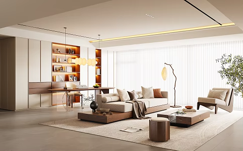 Modern Middle Style Living Room Large Flat Floor Living Room Middle Style Sofa Combination Living Room Study Integrated Open Style Study Middle Style Tea Table Middle Style Leisure Chair 3d model