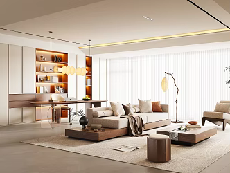 Modern Middle Style Living Room Large Flat Floor Living Room Middle Style Sofa Combination Living Room Study Integrated Open Style Study Middle Style Tea Table Middle Style Leisure Chair 3d model