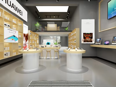 Modern Digital Store Featuring Huawei Electronic Devices Display Shelves Counters And Large Screen 3d model