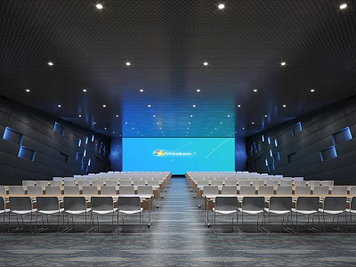 Modern Conference Room With Arranged Rows Of Chairs Large Screen And Dark Walls 3d model