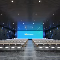 Modern Conference Room With Arranged Rows Of Chairs Large Screen And Dark Walls