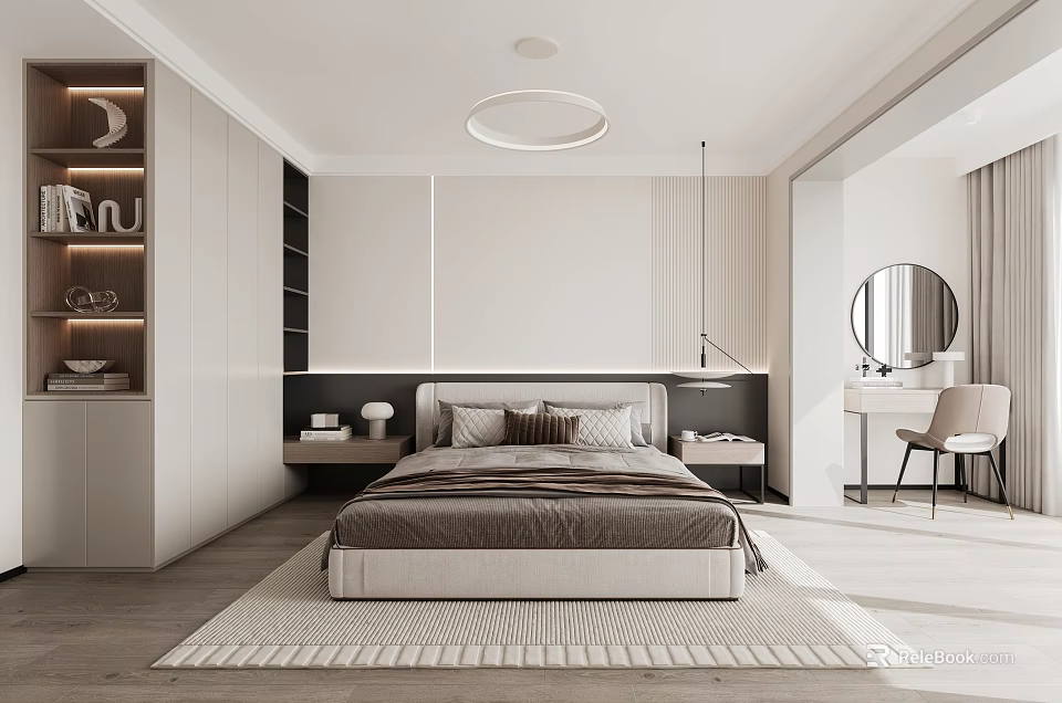 Modern Bedroom Interior With Round Ceiling Light Bed Wardrobe Dressing Table And Rug 3d model