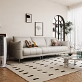 Light Beige Three Seater Sofa With Decorative Pillows Geometric Rug Marble Coffee Table And Arched Window