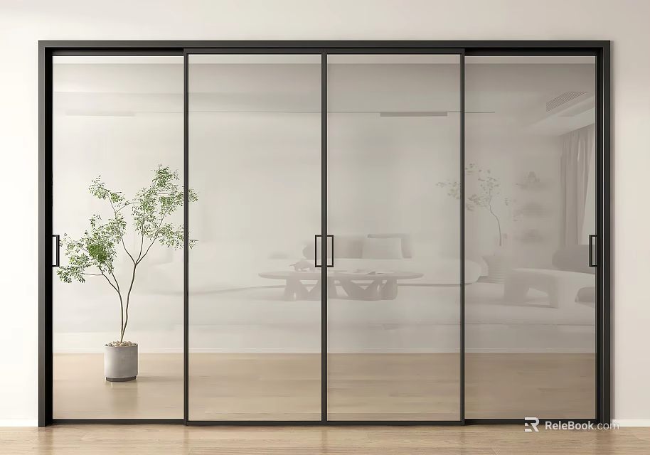 Black Framed Glass Sliding Doors In Modern Living Room With Potted Plant And Wooden Floor 3d model 