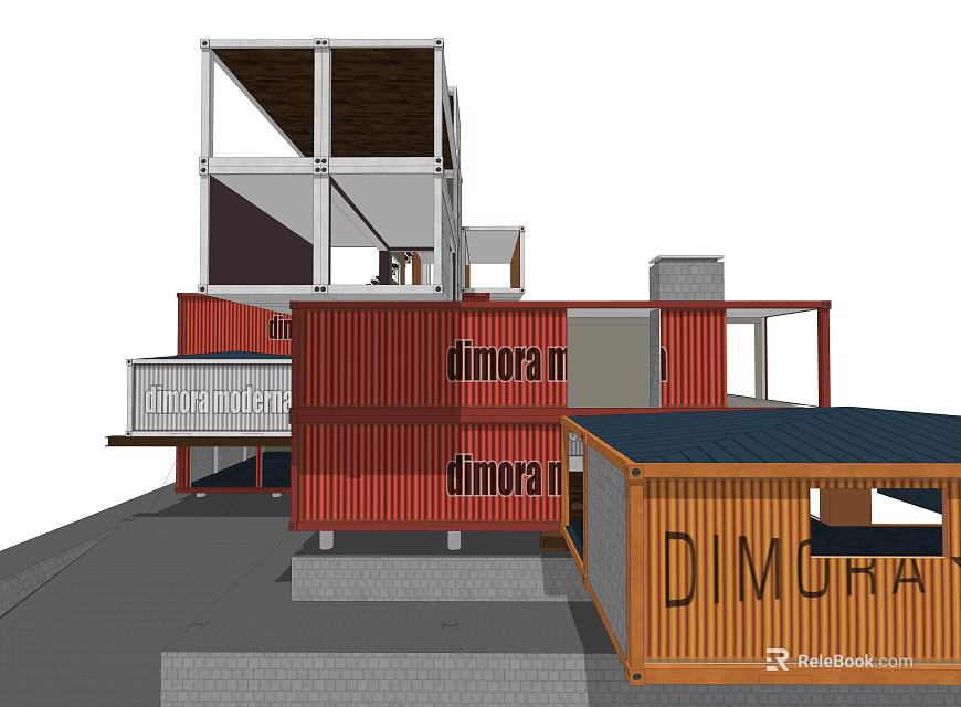 Red And Yellow Container Building With DIMORA Sign Multi Layer Structure And Balcony 3d model 