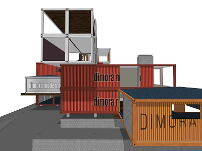 Red And Yellow Container Building With DIMORA Sign Multi Layer Structure And Balcony 3d model