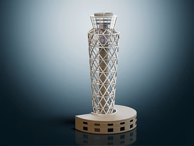 Modern Tower Architectural Model Featuring Grid Structure Circular Base and Windows 3d model