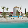 Scenic Sandy Beach Featuring White Windmill Palm Trees Lounge Chairs Blue Sky And White Clouds