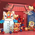 Lion Dance Inflatable Decorations with Chinese Knots Auspicious Clouds Fu Character and Balloons