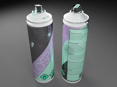Two Modern White Spray Cans With Purple Green Design Labels And Warning Symbols 3d model