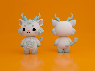 Cute Dragon Cat Dolls with Blue Horns and White Body on Orange Background for Decoration 3d model
