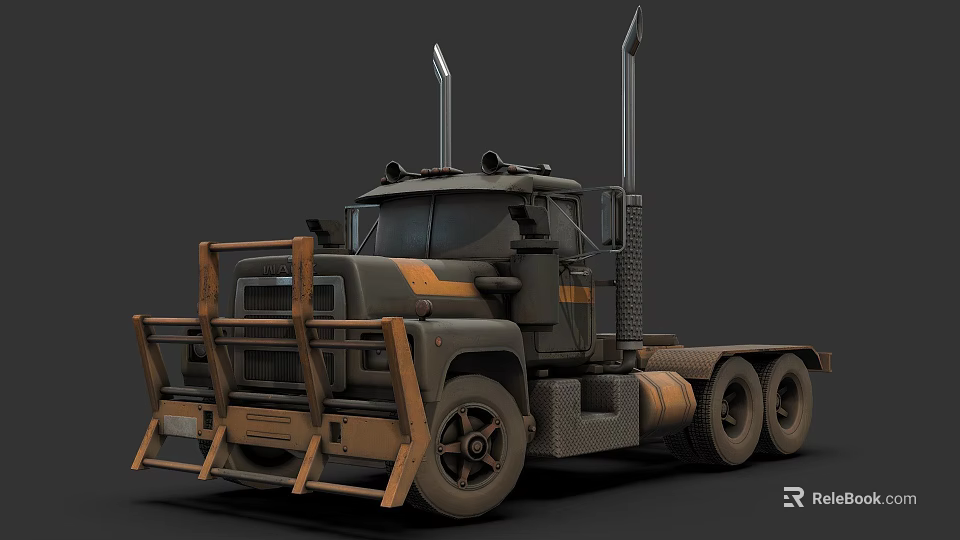 Vintage Industrial Truck With Front Guard Dual Exhaust Pipes And Orange Stripes 3d model 