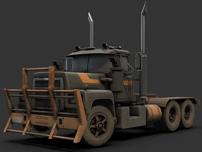 Vintage Industrial Truck With Front Guard Dual Exhaust Pipes And Orange Stripes 3d model