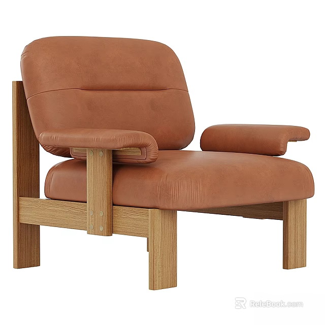 Comfortable Leather Upholstered Leisure Chair With Oak Wood Frame And Armrests 3d model 