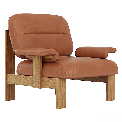 Comfortable Leather Upholstered Leisure Chair With Oak Wood Frame And Armrests 3d model