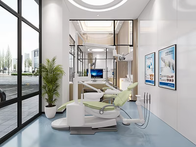 Modern Dental Clinic Interior With Treatment Chair And Plants 3d model