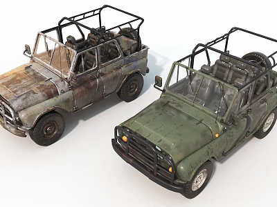 Two Vintage Off Road Vehicles With Rusty Weathered Exteriors Open Metal Frame Roofs 3d model