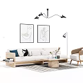 Modern White Sofa and Coffee Table Set with Accent Chair Striped Rug and Wall Art