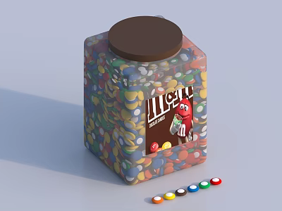 Square Jar With Brown Lid Filled With Colorful M&M's Candies Logo Cartoon Character Scattered 3d model