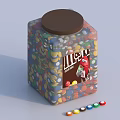 Square Jar With Brown Lid Filled With Colorful M&M's Candies Logo Cartoon Character Scattered
