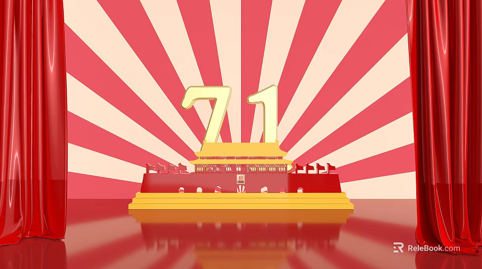 71th Anniversary Celebration With Tiananmen Style Building Red White Background And Golden Number 3d model 