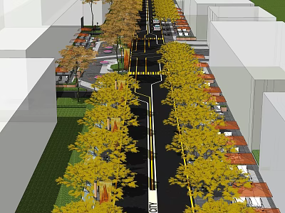Scenic Commercial Street With Yellow Leaf Trees Buildings And Road Traffic 3d model