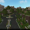 Residential Garden Landscape With Curved Driveway Lush Trees Decorative Flower Beds Fountain And Houses