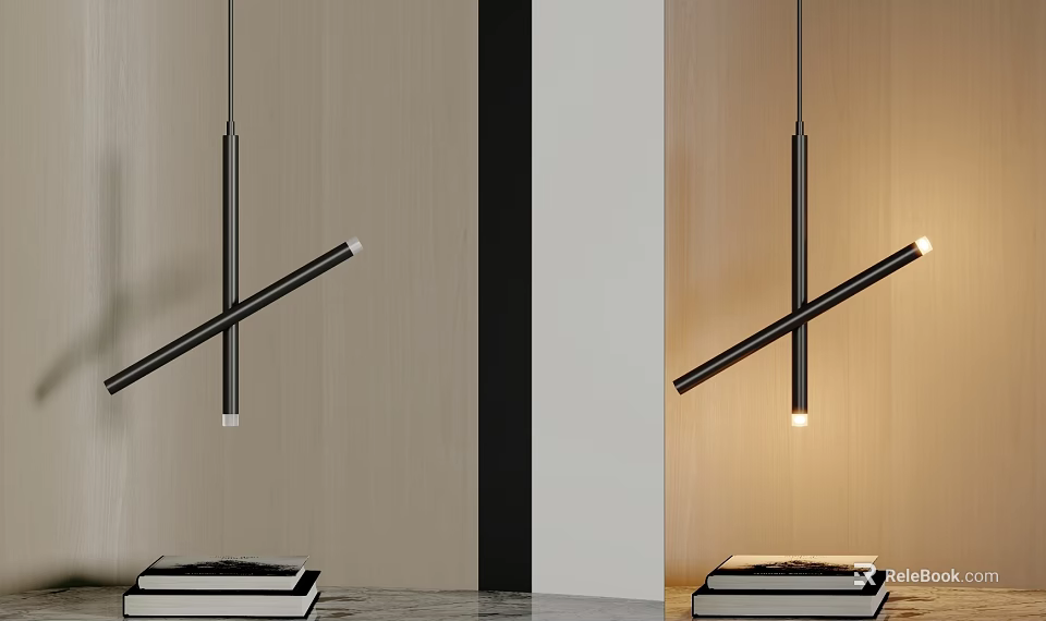 Modern Black Linear Pendant Light Design For Interior With Wooden Wall And Countertop 3d model 
