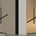 Modern Black Linear Pendant Light Design For Interior With Wooden Wall And Countertop 3d model