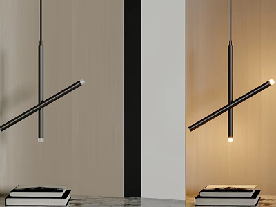 Modern Black Linear Pendant Light Design For Interior With Wooden Wall And Countertop 3d model