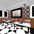 Modern KTV Room Interior With Brown Sofa Coffee Table TV Decorative Paintings And Geometric Floor