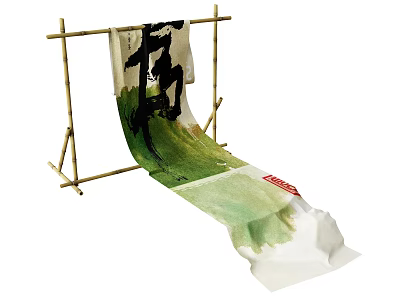 Bamboo Storage Shelf Displaying Hanging Ink Artwork With Calligraphy Green And Red Label 3d model