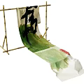 Bamboo Storage Shelf Displaying Hanging Ink Artwork With Calligraphy Green And Red Label
