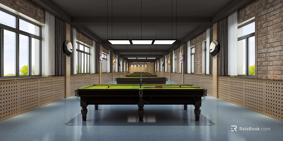 Spacious Modern Billiard Room With Green Pool Tables Hanging Lights And Brick Walls 3d model 