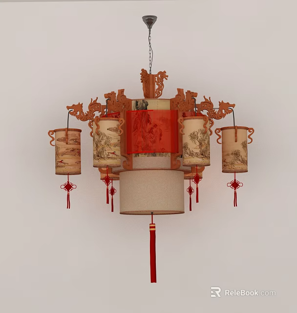 Traditional Chinese Style Dragon Carved Chandelier Lantern Shaped Red Beige Hanging Tassels 3d model 