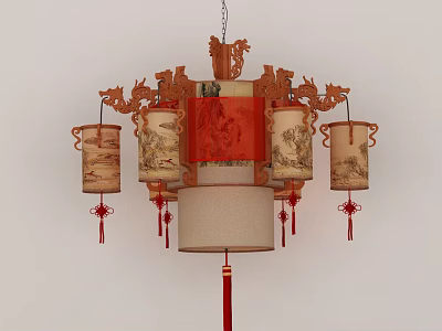 Traditional Chinese Style Dragon Carved Chandelier Lantern Shaped Red Beige Hanging Tassels 3d model