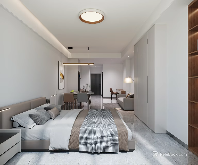 Spacious Modern Apartment Interior With Bedroom Living Room Dining Area Sofa And Storage Cabinets 3d model 