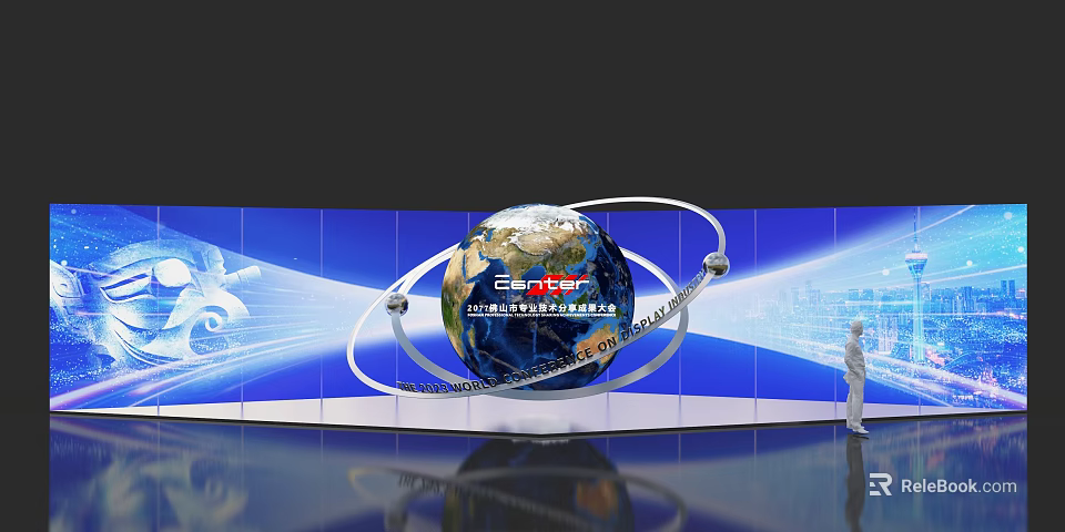 Innovative Commercial Display Equipment With Globe Orbital Rings Blue Backdrop At Convention Center 3d model 