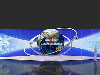 Innovative Commercial Display Equipment With Globe Orbital Rings Blue Backdrop At Convention Center 3d model