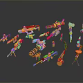 Colorful Toy Weapons In Multiple Vibrant Colors And Various Assorted Types