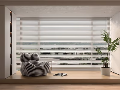 Interior Living Space With White Blinds Large Window Striped Chair Potted Plant Wooden Floor 3d model