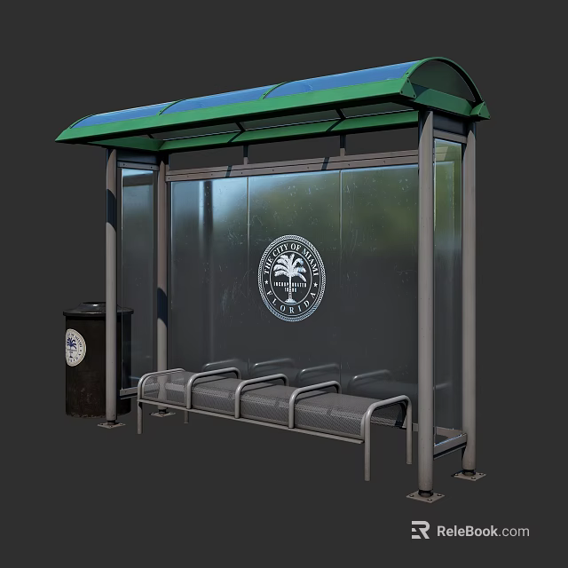 Modern Bus Stop With Green Roof Transparent Glass Walls Bench And Trash Can 3d model 