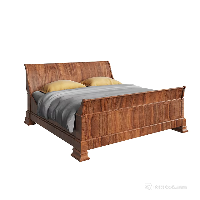 Classic Wooden Double Bed With Gray Bed Sheet And Yellow Pillows 3d model 