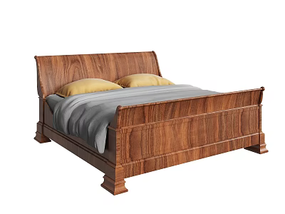 Classic Wooden Double Bed With Gray Bed Sheet And Yellow Pillows 3d model