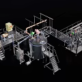 Industrial Equipment Setup With Large Stainless Steel Tank Pipes Stairs And Green Robotic Arm
