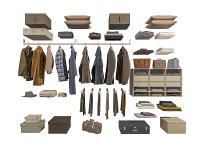 Hanging And Folded Clothes With Storage Boxes Shelves Hats And Bags 3d model